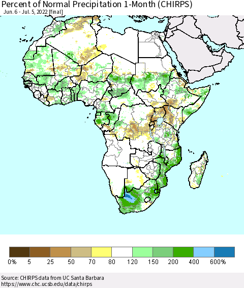 Africa Percent of Normal Precipitation 1-Month (CHIRPS) Thematic Map For 6/6/2022 - 7/5/2022