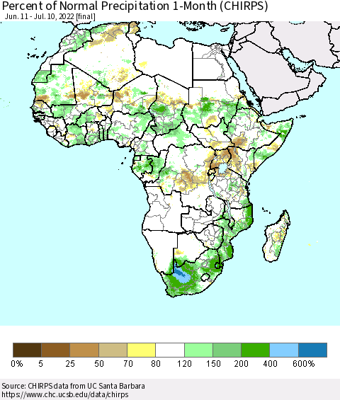 Africa Percent of Normal Precipitation 1-Month (CHIRPS) Thematic Map For 6/11/2022 - 7/10/2022