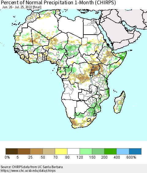 Africa Percent of Normal Precipitation 1-Month (CHIRPS) Thematic Map For 6/26/2022 - 7/25/2022