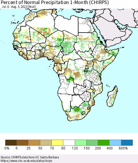 Africa Percent of Normal Precipitation 1-Month (CHIRPS) Thematic Map For 7/6/2022 - 8/5/2022
