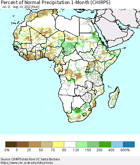 Africa Percent of Normal Precipitation 1-Month (CHIRPS) Thematic Map For 7/11/2022 - 8/10/2022