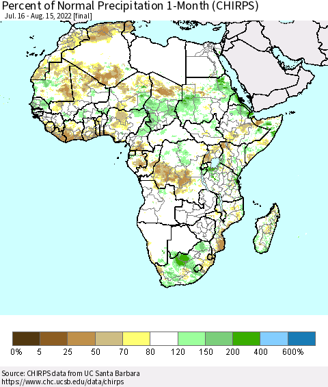 Africa Percent of Normal Precipitation 1-Month (CHIRPS) Thematic Map For 7/16/2022 - 8/15/2022