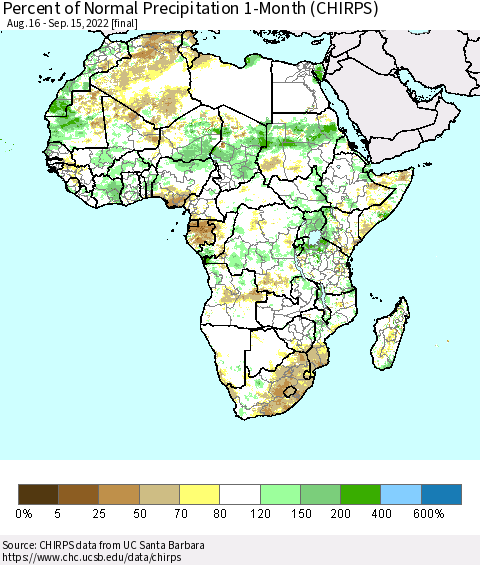 Africa Percent of Normal Precipitation 1-Month (CHIRPS) Thematic Map For 8/16/2022 - 9/15/2022