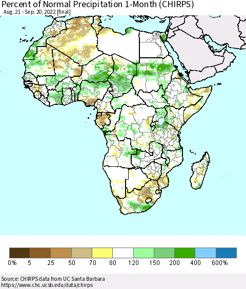 Africa Percent of Normal Precipitation 1-Month (CHIRPS) Thematic Map For 8/21/2022 - 9/20/2022