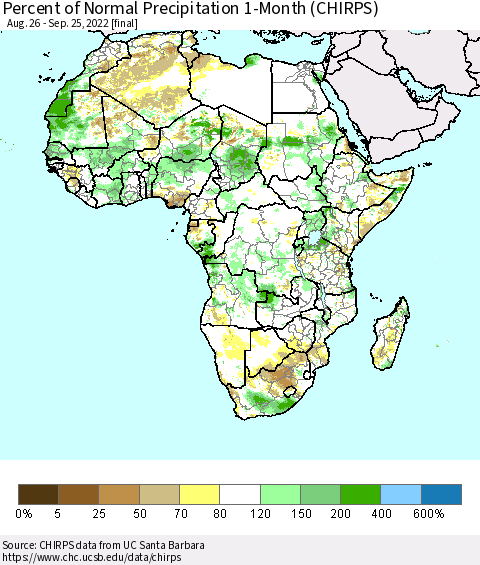 Africa Percent of Normal Precipitation 1-Month (CHIRPS) Thematic Map For 8/26/2022 - 9/25/2022