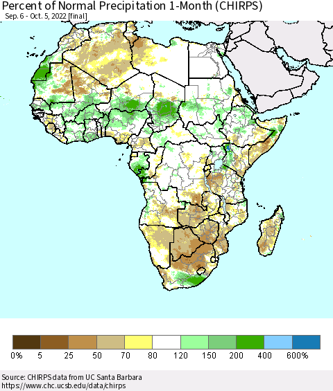 Africa Percent of Normal Precipitation 1-Month (CHIRPS) Thematic Map For 9/6/2022 - 10/5/2022