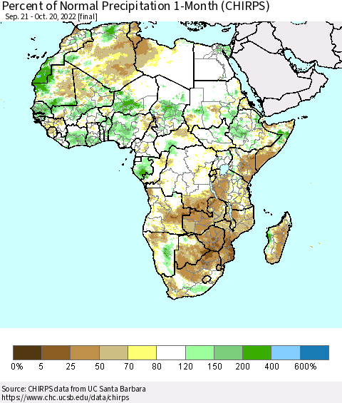 Africa Percent of Normal Precipitation 1-Month (CHIRPS) Thematic Map For 9/21/2022 - 10/20/2022