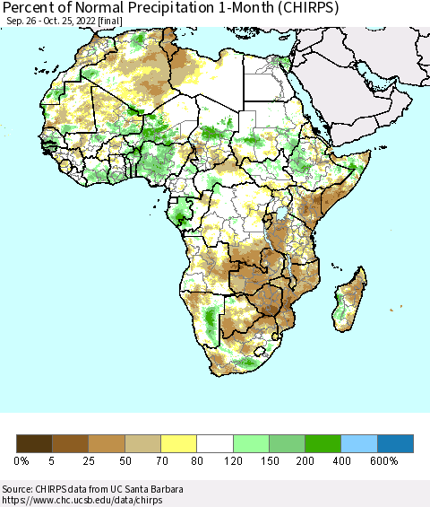 Africa Percent of Normal Precipitation 1-Month (CHIRPS) Thematic Map For 9/26/2022 - 10/25/2022