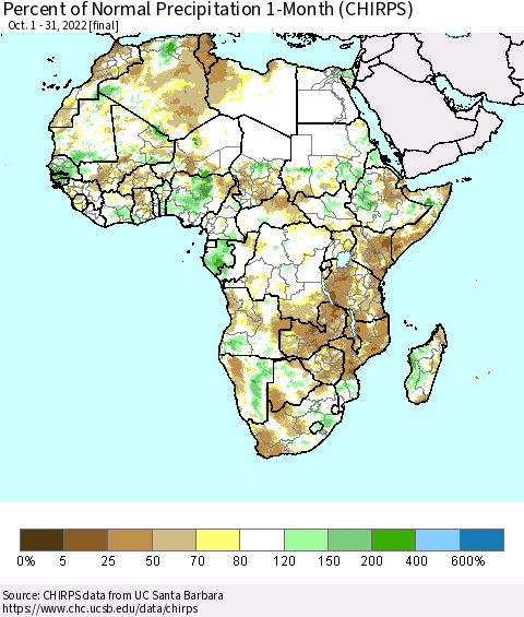 Africa Percent of Normal Precipitation 1-Month (CHIRPS) Thematic Map For 10/1/2022 - 10/31/2022