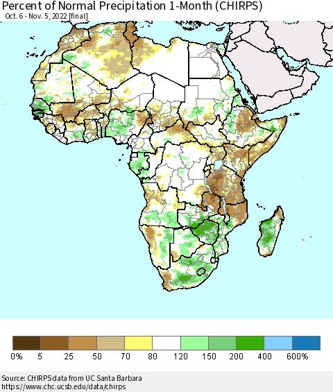 Africa Percent of Normal Precipitation 1-Month (CHIRPS) Thematic Map For 10/6/2022 - 11/5/2022