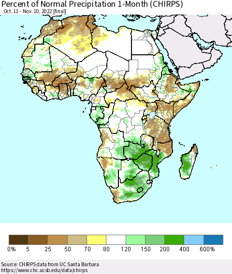 Africa Percent of Normal Precipitation 1-Month (CHIRPS) Thematic Map For 10/11/2022 - 11/10/2022
