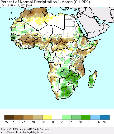 Africa Percent of Normal Precipitation 1-Month (CHIRPS) Thematic Map For 10/16/2022 - 11/15/2022