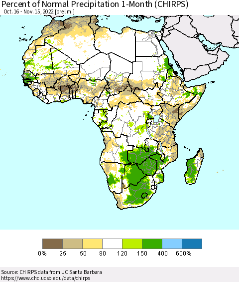 Africa Percent of Normal Precipitation 1-Month (CHIRPS) Thematic Map For 10/16/2022 - 11/15/2022