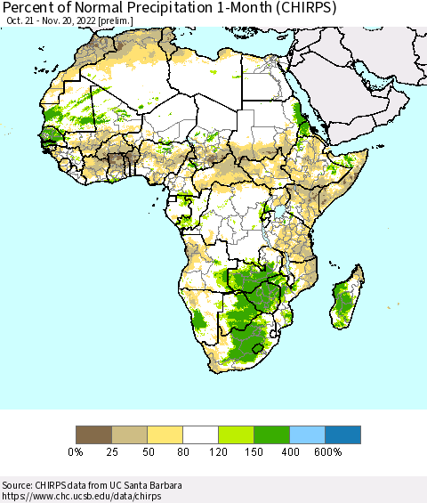 Africa Percent of Normal Precipitation 1-Month (CHIRPS) Thematic Map For 10/21/2022 - 11/20/2022