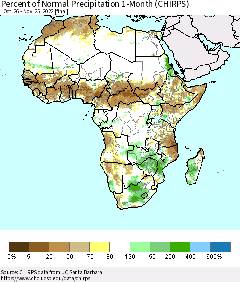 Africa Percent of Normal Precipitation 1-Month (CHIRPS) Thematic Map For 10/26/2022 - 11/25/2022
