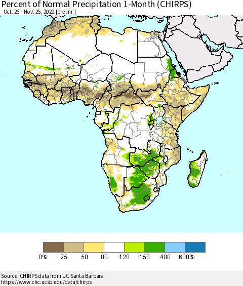 Africa Percent of Normal Precipitation 1-Month (CHIRPS) Thematic Map For 10/26/2022 - 11/25/2022