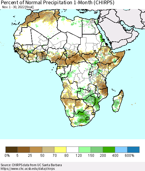Africa Percent of Normal Precipitation 1-Month (CHIRPS) Thematic Map For 11/1/2022 - 11/30/2022