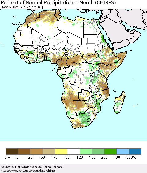 Africa Percent of Normal Precipitation 1-Month (CHIRPS) Thematic Map For 11/6/2022 - 12/5/2022