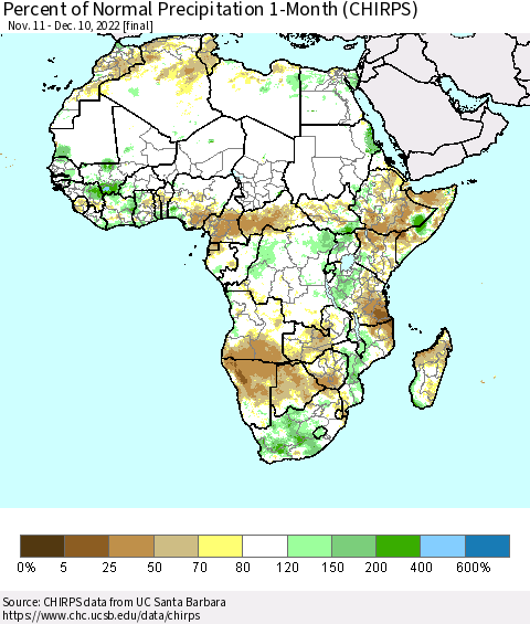Africa Percent of Normal Precipitation 1-Month (CHIRPS) Thematic Map For 11/11/2022 - 12/10/2022