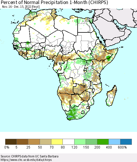 Africa Percent of Normal Precipitation 1-Month (CHIRPS) Thematic Map For 11/16/2022 - 12/15/2022