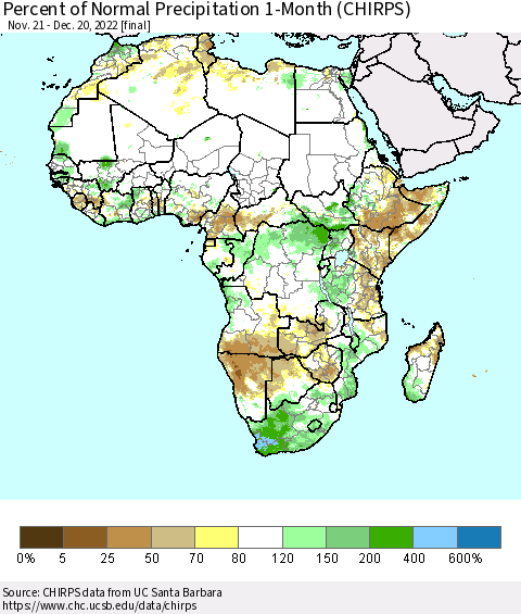 Africa Percent of Normal Precipitation 1-Month (CHIRPS) Thematic Map For 11/21/2022 - 12/20/2022