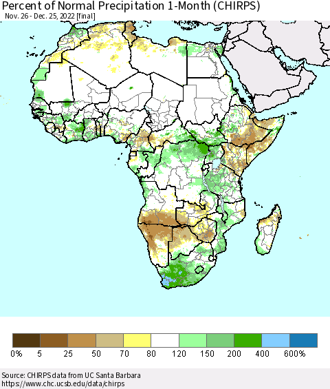 Africa Percent of Normal Precipitation 1-Month (CHIRPS) Thematic Map For 11/26/2022 - 12/25/2022