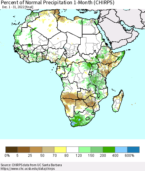 Africa Percent of Normal Precipitation 1-Month (CHIRPS) Thematic Map For 12/1/2022 - 12/31/2022