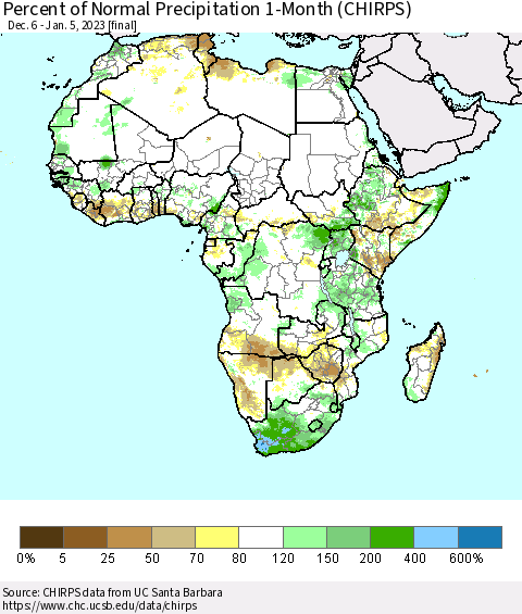 Africa Percent of Normal Precipitation 1-Month (CHIRPS) Thematic Map For 12/6/2022 - 1/5/2023