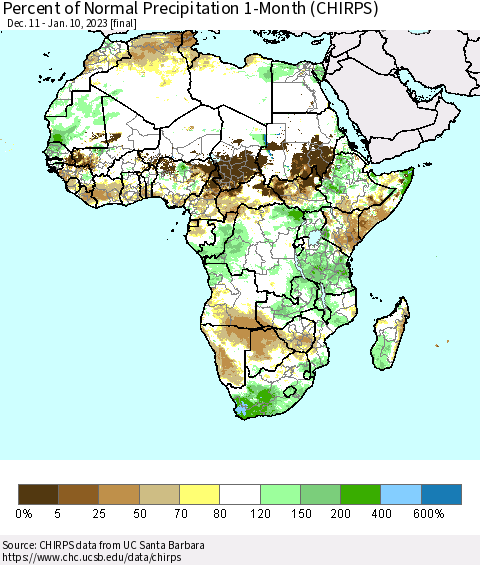 Africa Percent of Normal Precipitation 1-Month (CHIRPS) Thematic Map For 12/11/2022 - 1/10/2023