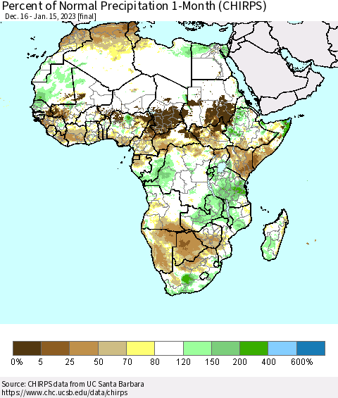 Africa Percent of Normal Precipitation 1-Month (CHIRPS) Thematic Map For 12/16/2022 - 1/15/2023