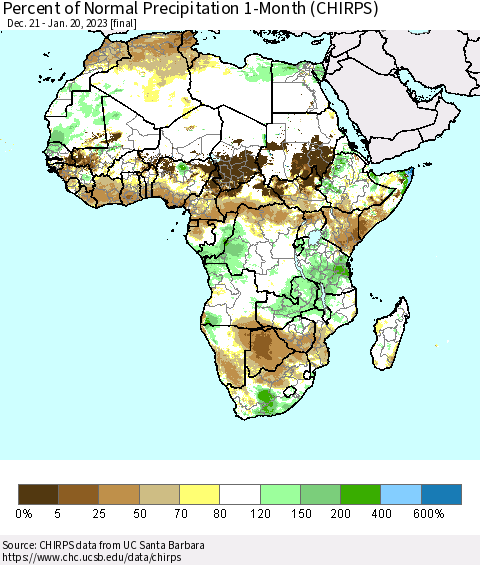 Africa Percent of Normal Precipitation 1-Month (CHIRPS) Thematic Map For 12/21/2022 - 1/20/2023