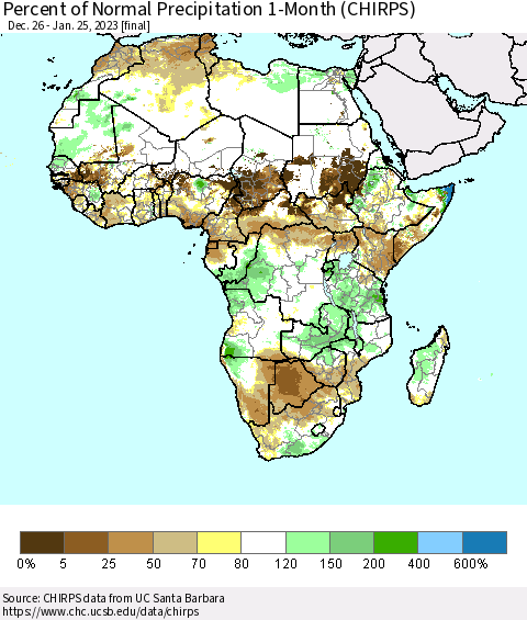 Africa Percent of Normal Precipitation 1-Month (CHIRPS) Thematic Map For 12/26/2022 - 1/25/2023