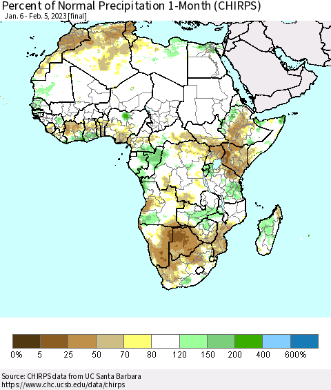 Africa Percent of Normal Precipitation 1-Month (CHIRPS) Thematic Map For 1/6/2023 - 2/5/2023