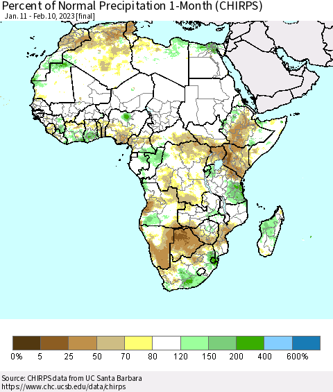 Africa Percent of Normal Precipitation 1-Month (CHIRPS) Thematic Map For 1/11/2023 - 2/10/2023