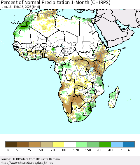 Africa Percent of Normal Precipitation 1-Month (CHIRPS) Thematic Map For 1/16/2023 - 2/15/2023
