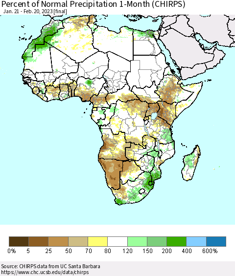 Africa Percent of Normal Precipitation 1-Month (CHIRPS) Thematic Map For 1/21/2023 - 2/20/2023