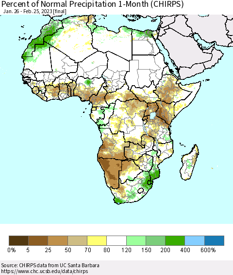 Africa Percent of Normal Precipitation 1-Month (CHIRPS) Thematic Map For 1/26/2023 - 2/25/2023