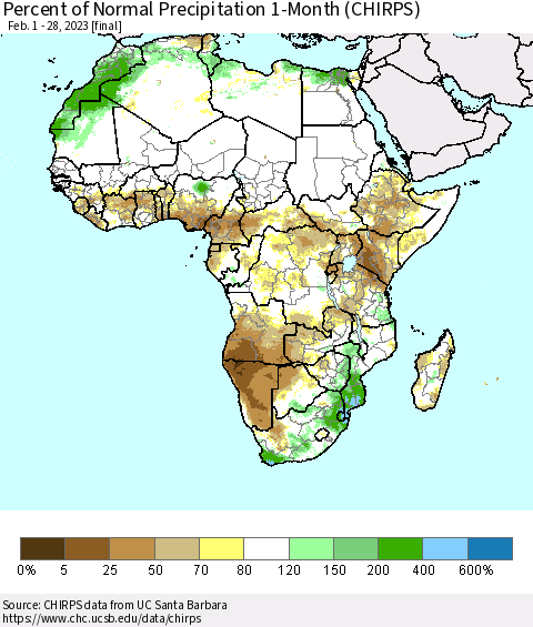 Africa Percent of Normal Precipitation 1-Month (CHIRPS) Thematic Map For 2/1/2023 - 2/28/2023