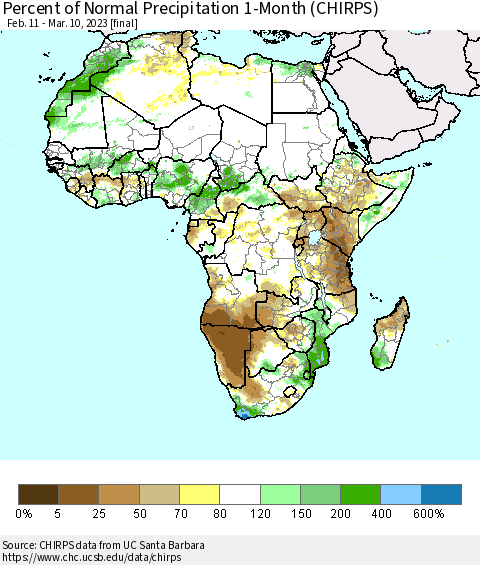 Africa Percent of Normal Precipitation 1-Month (CHIRPS) Thematic Map For 2/11/2023 - 3/10/2023