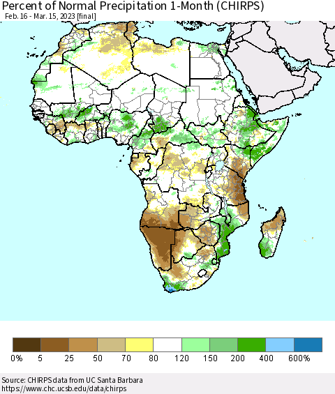 Africa Percent of Normal Precipitation 1-Month (CHIRPS) Thematic Map For 2/16/2023 - 3/15/2023