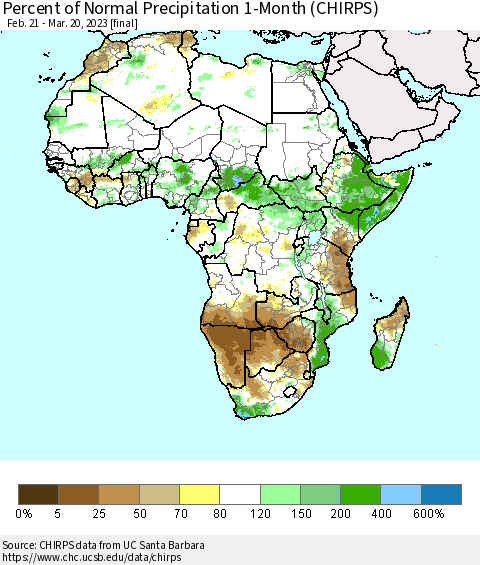 Africa Percent of Normal Precipitation 1-Month (CHIRPS) Thematic Map For 2/21/2023 - 3/20/2023
