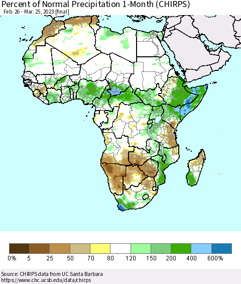Africa Percent of Normal Precipitation 1-Month (CHIRPS) Thematic Map For 2/26/2023 - 3/25/2023