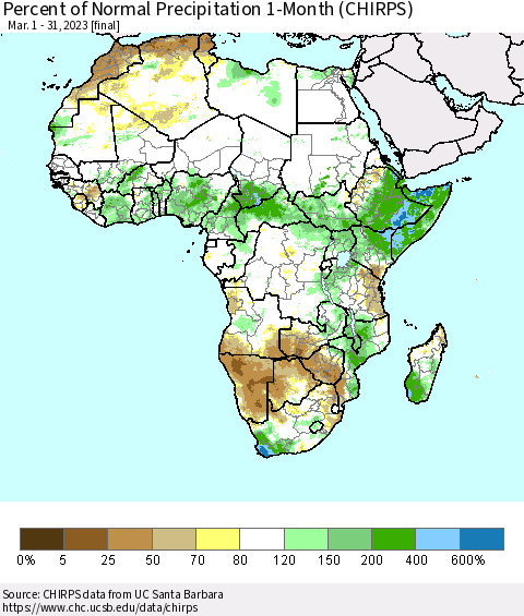 Africa Percent of Normal Precipitation 1-Month (CHIRPS) Thematic Map For 3/1/2023 - 3/31/2023