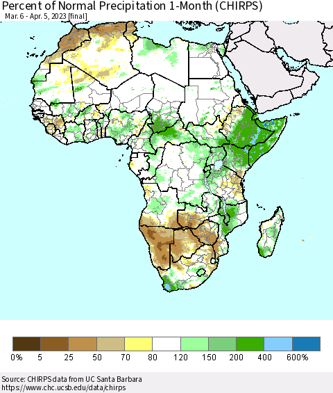 Africa Percent of Normal Precipitation 1-Month (CHIRPS) Thematic Map For 3/6/2023 - 4/5/2023