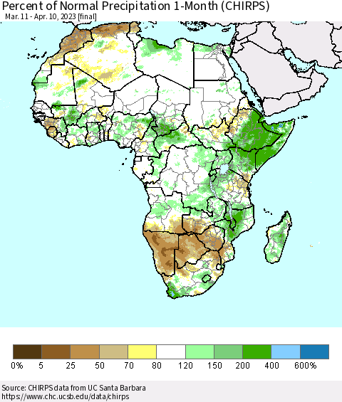 Africa Percent of Normal Precipitation 1-Month (CHIRPS) Thematic Map For 3/11/2023 - 4/10/2023