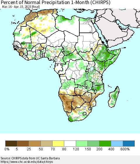 Africa Percent of Normal Precipitation 1-Month (CHIRPS) Thematic Map For 3/16/2023 - 4/15/2023