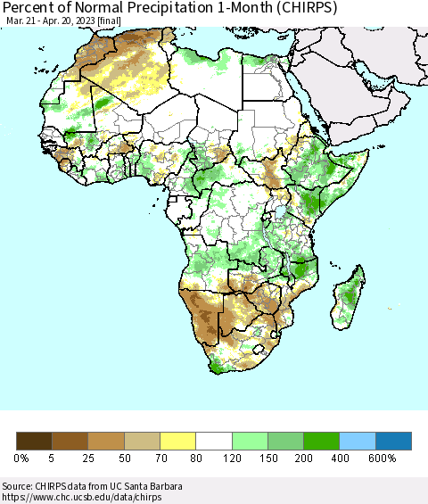 Africa Percent of Normal Precipitation 1-Month (CHIRPS) Thematic Map For 3/21/2023 - 4/20/2023