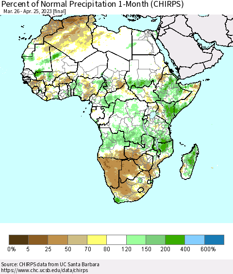 Africa Percent of Normal Precipitation 1-Month (CHIRPS) Thematic Map For 3/26/2023 - 4/25/2023