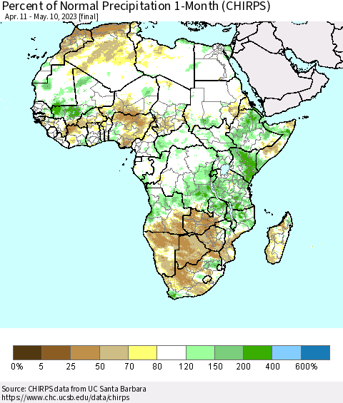 Africa Percent of Normal Precipitation 1-Month (CHIRPS) Thematic Map For 4/11/2023 - 5/10/2023