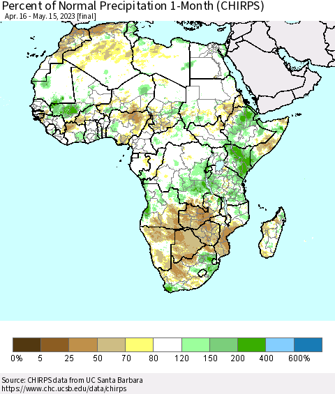 Africa Percent of Normal Precipitation 1-Month (CHIRPS) Thematic Map For 4/16/2023 - 5/15/2023